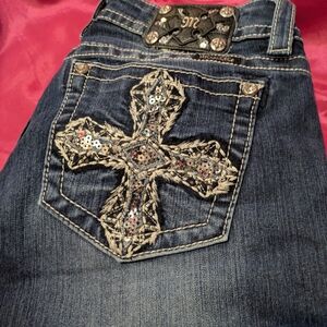 Miss Me Blue Flare Jeans with Silver Cross Detail